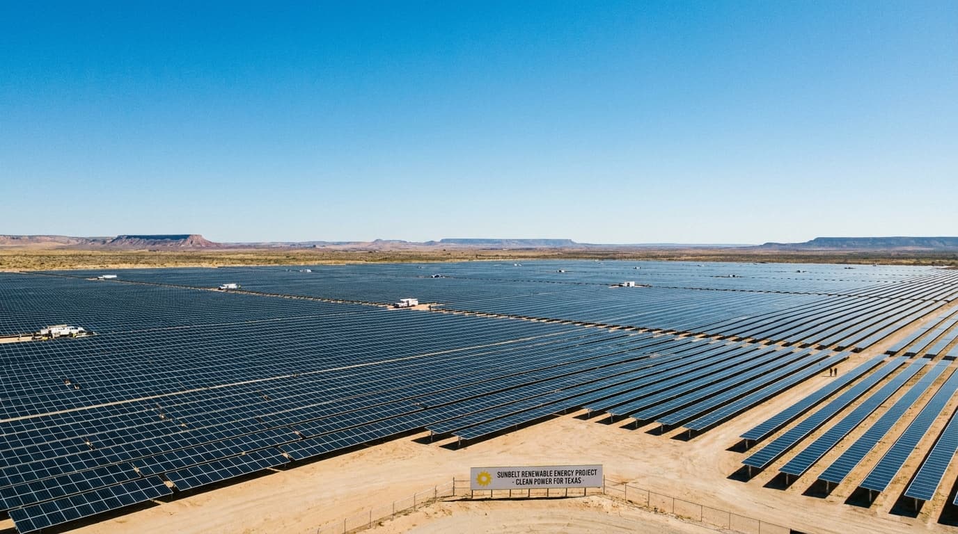 A large-scale solar panel farm under a bright Texas sun, representing new energy infrastructure.