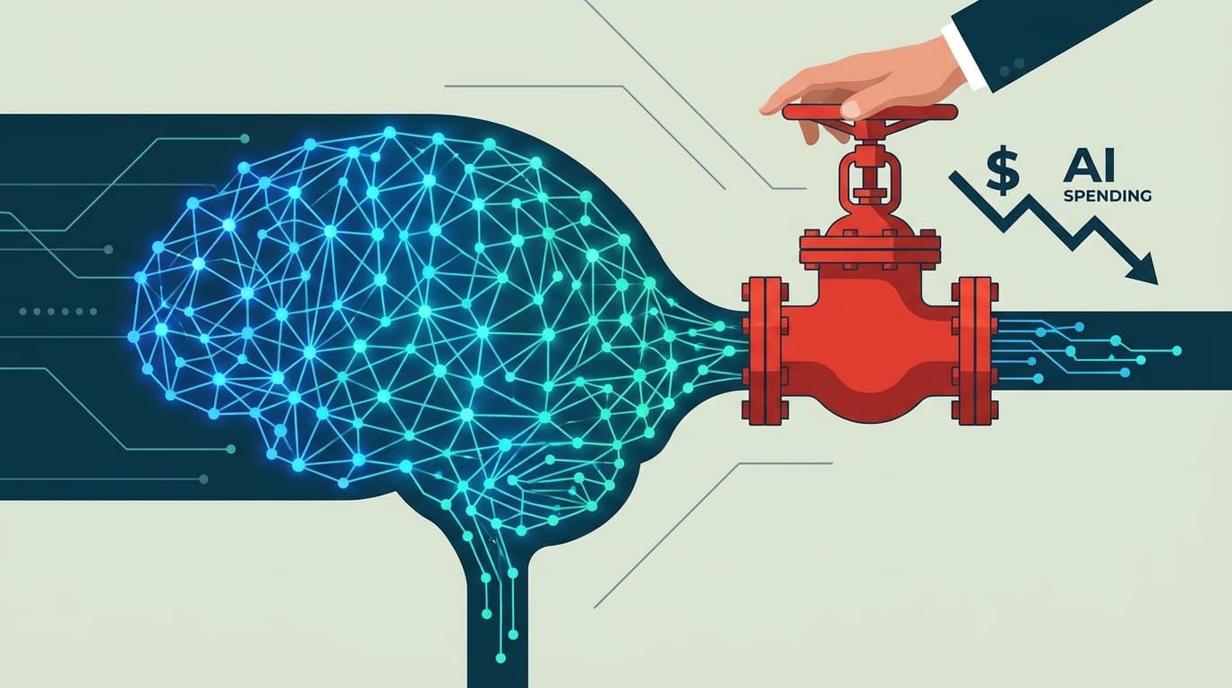 An illustration of a valve controlling the flow of energy to an AI brain, representing Uber's cap on AI spending.
