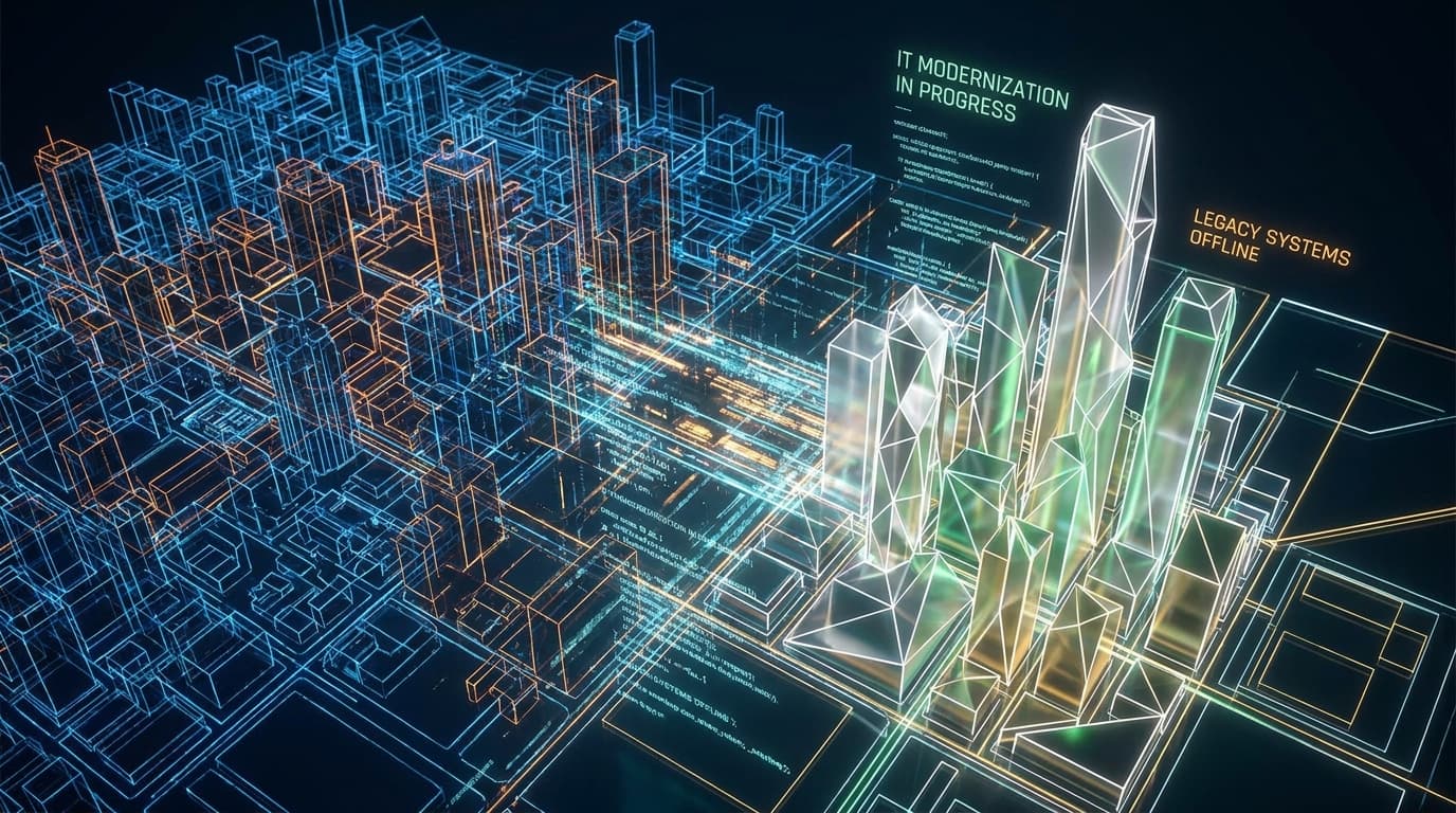 Abstract digital illustration of a complex system being upgraded, symbolizing the process of IT modernization.