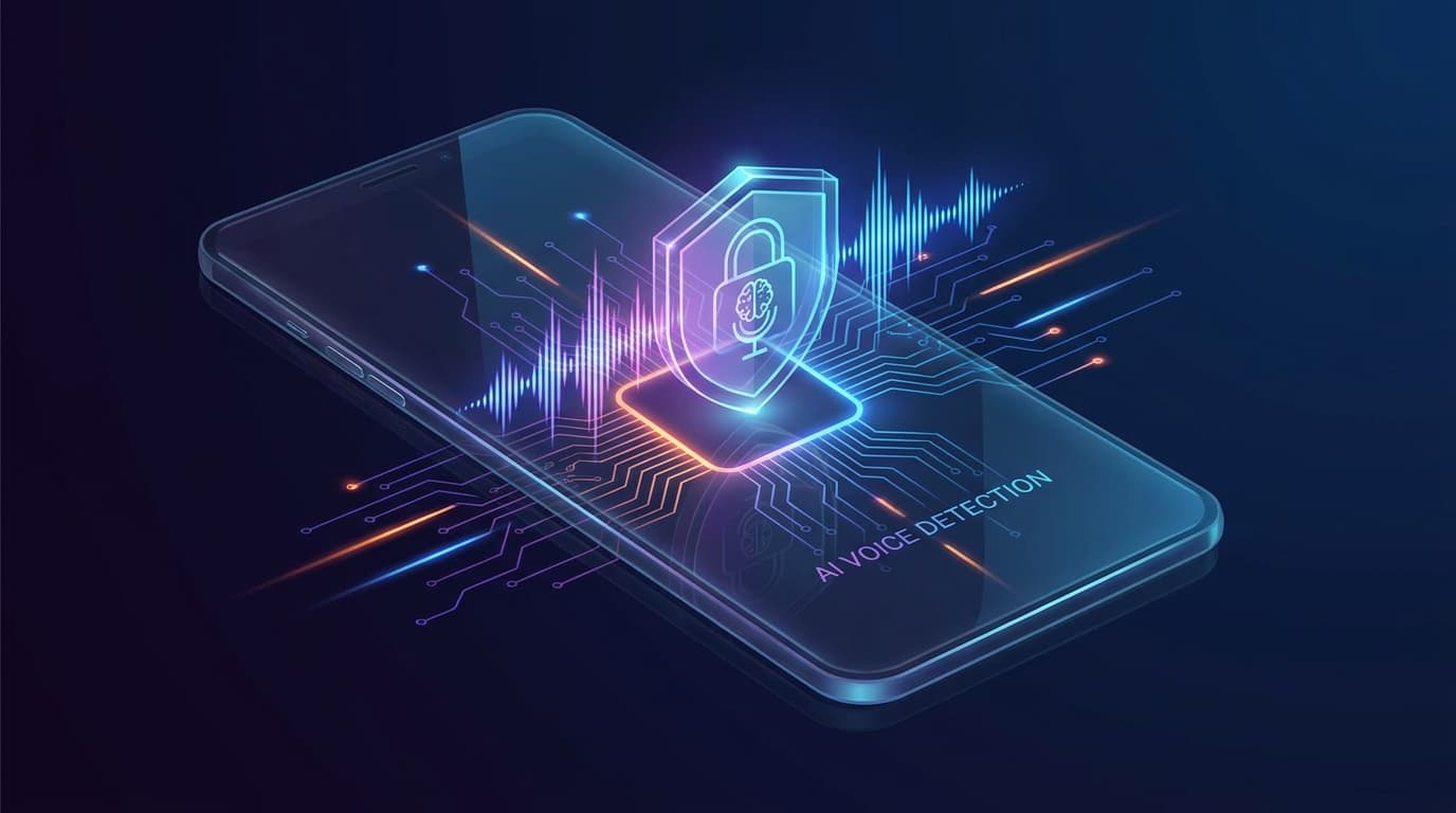 Abstract representation of AI voice analysis on a smartphone for security.