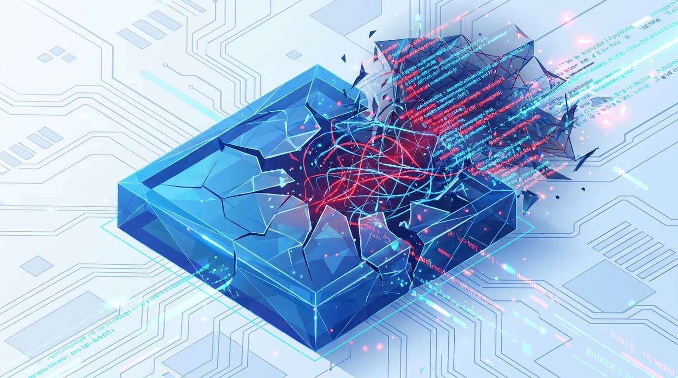 Abstract digital art representing a security vulnerability, with red code breaking out of a blue digital sandbox.
