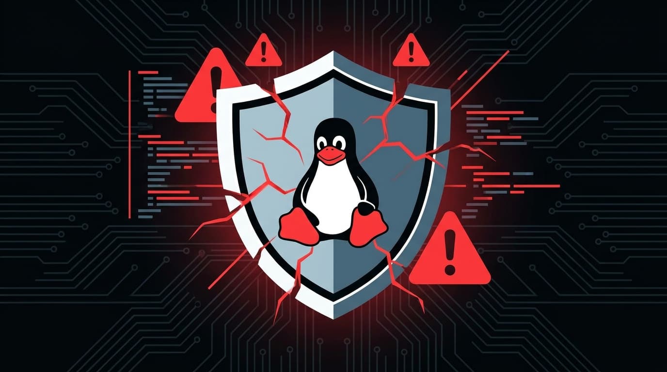 An abstract image representing a security vulnerability in the Linux kernel, showing a cracked shield with a penguin logo.