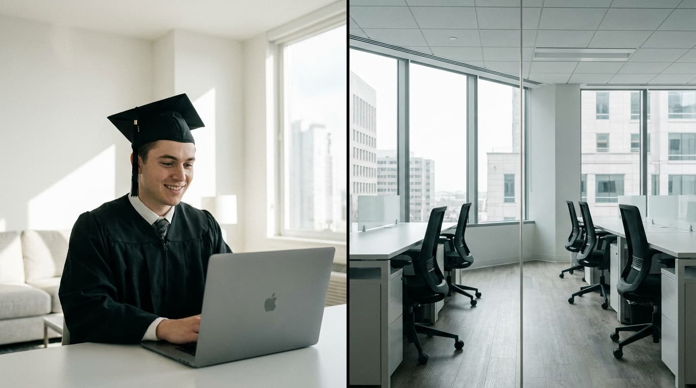 A split image showing a recent graduate on one side and an empty modern office on the other, symbolizing the impact of remote work on hiring.
