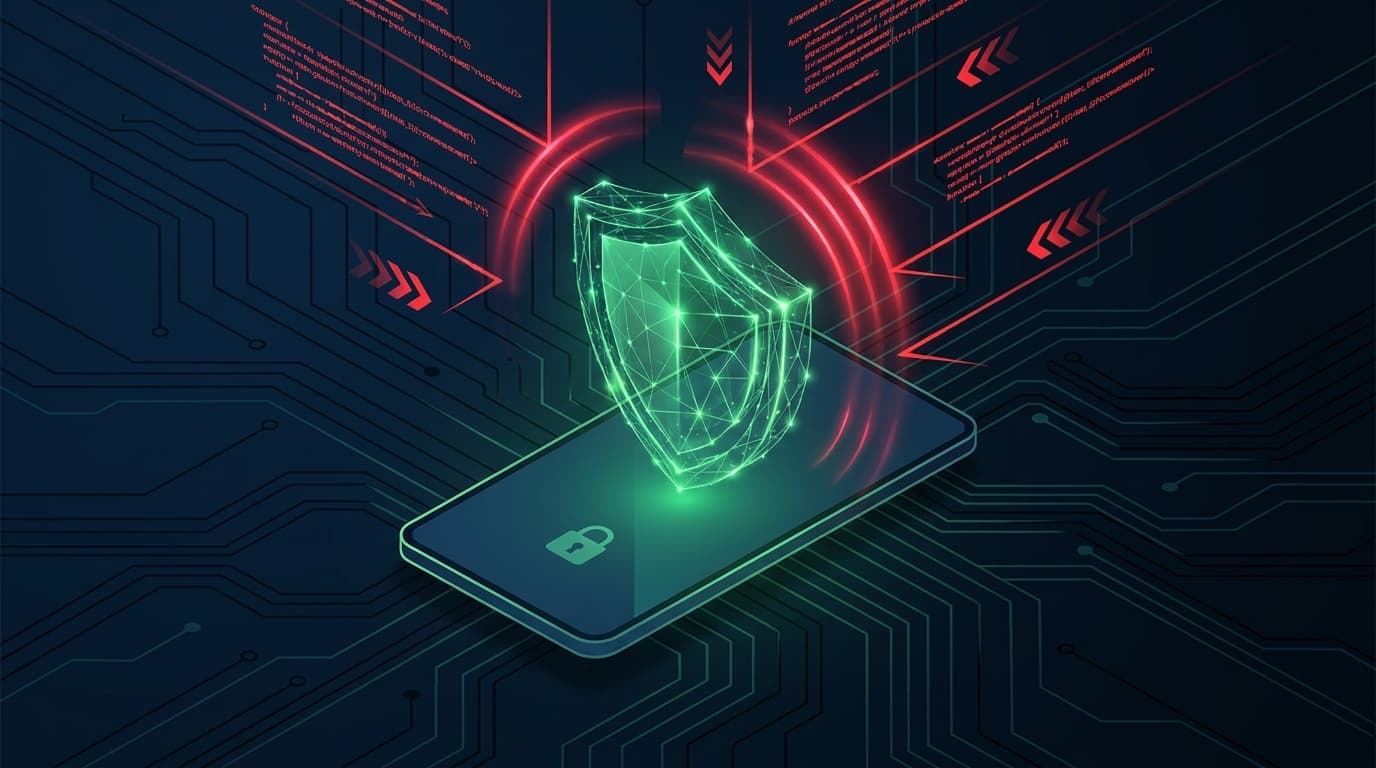 Abstract image of a digital shield protecting an Android smartphone from a security vulnerability.