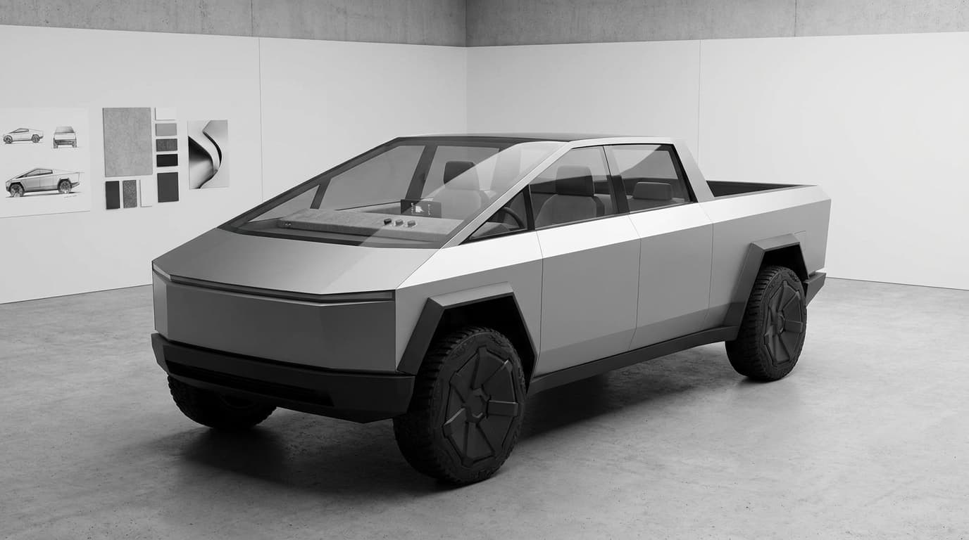 A conceptual image of a minimalist electric pickup truck, highlighting its simple design and lack of a large central infotainment screen.
