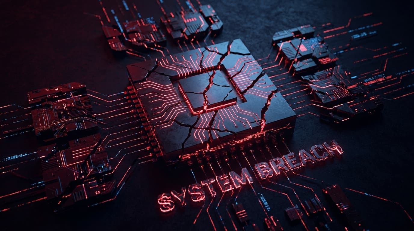 An abstract visualization of a security vulnerability within a computer's core system, depicted as a glowing red crack.