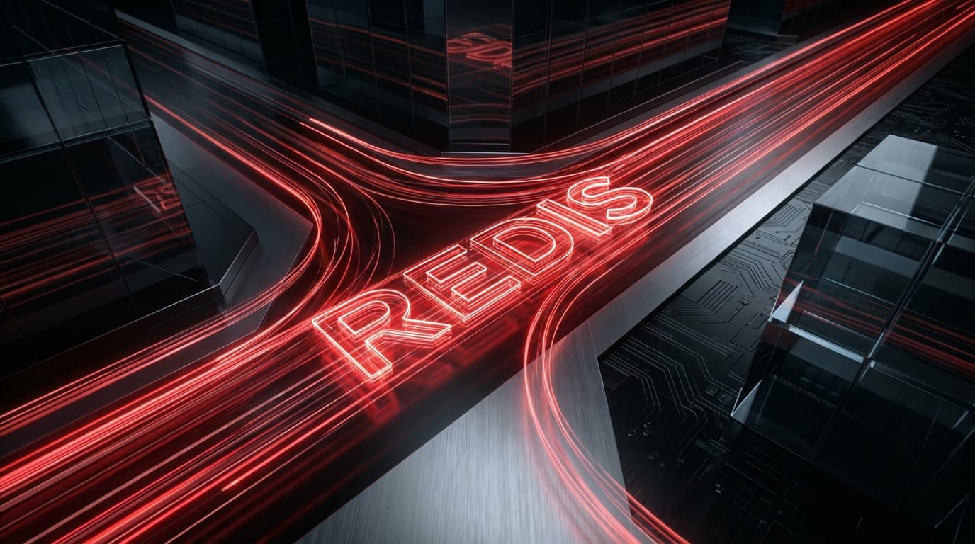 Abstract visualization of high-speed red data streams, representing Redis 8.8 performance improvements.