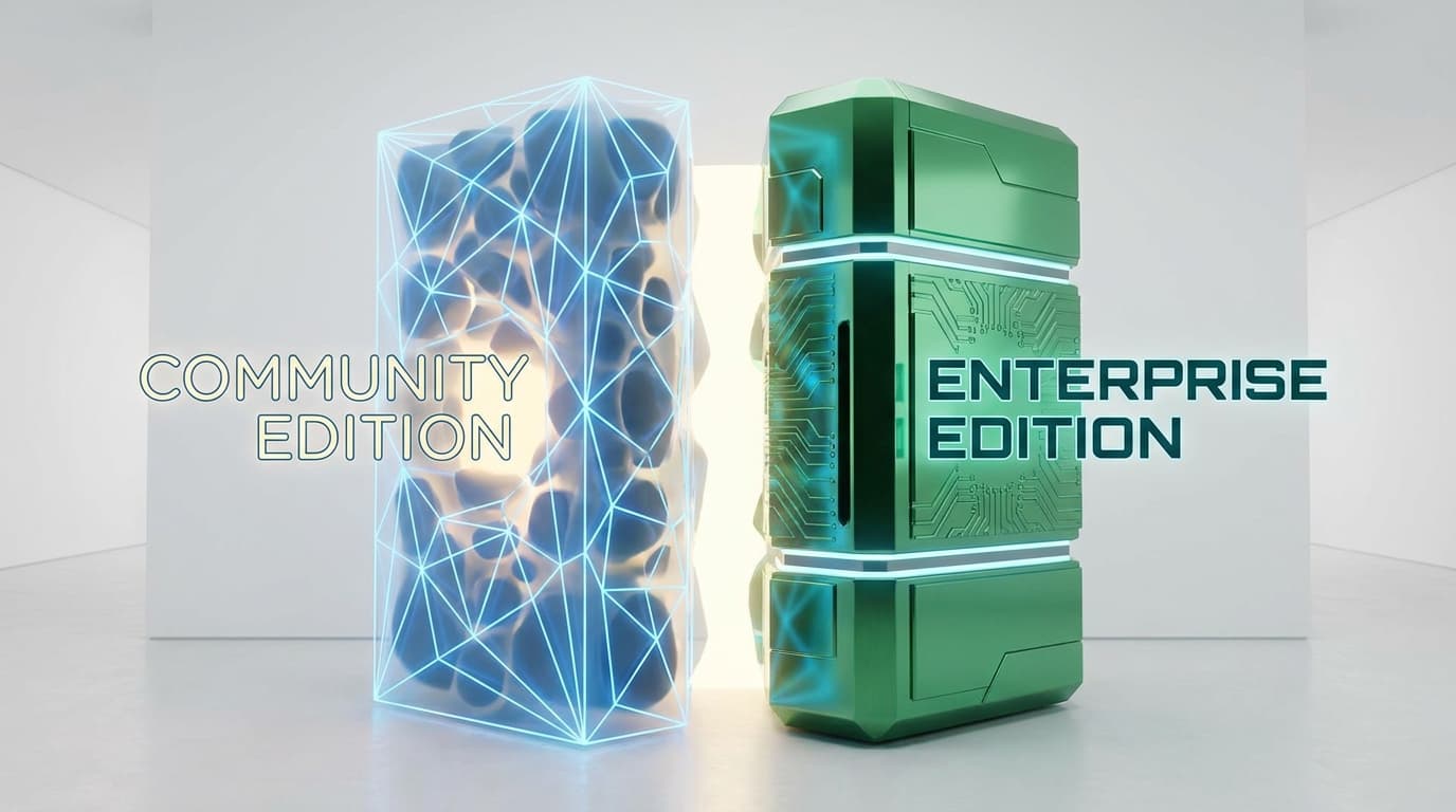 Abstract image of a database server split into a blue community side and a green enterprise side, representing the new Autobase editions.