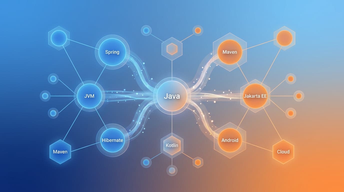 Abstract visualization of the Java programming ecosystem, showing interconnected software components.