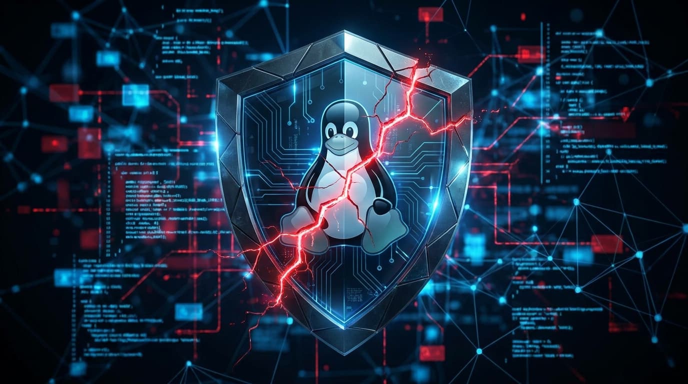 A cracked shield with the Linux penguin logo, symbolizing a security vulnerability in the Linux kernel.
