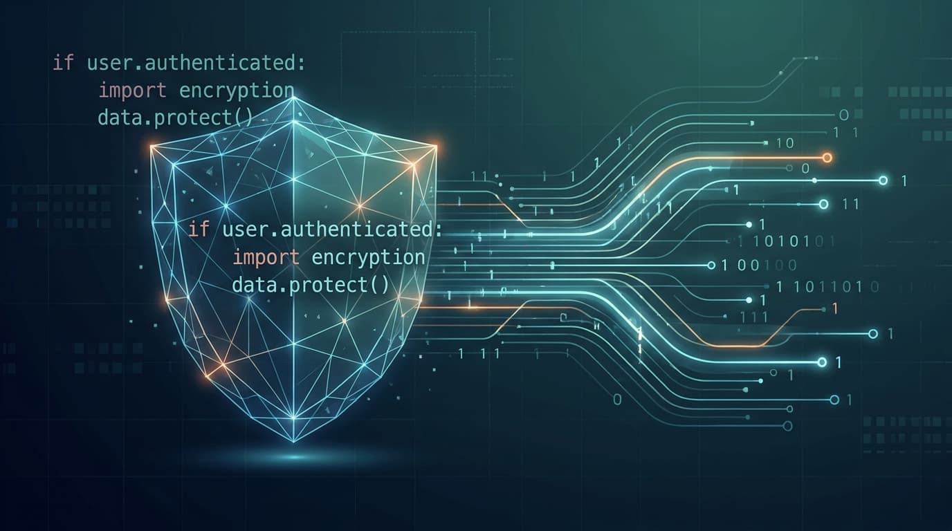 A digital illustration of a security shield icon overlaying lines of Python code, symbolizing protection against vulnerabilities.