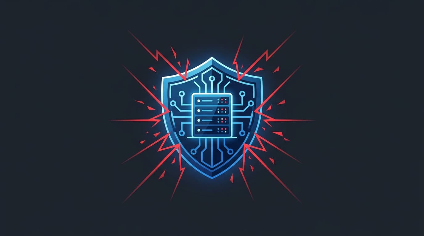 A digital shield icon glowing in front of a server, symbolizing protection against Nginx security vulnerabilities.