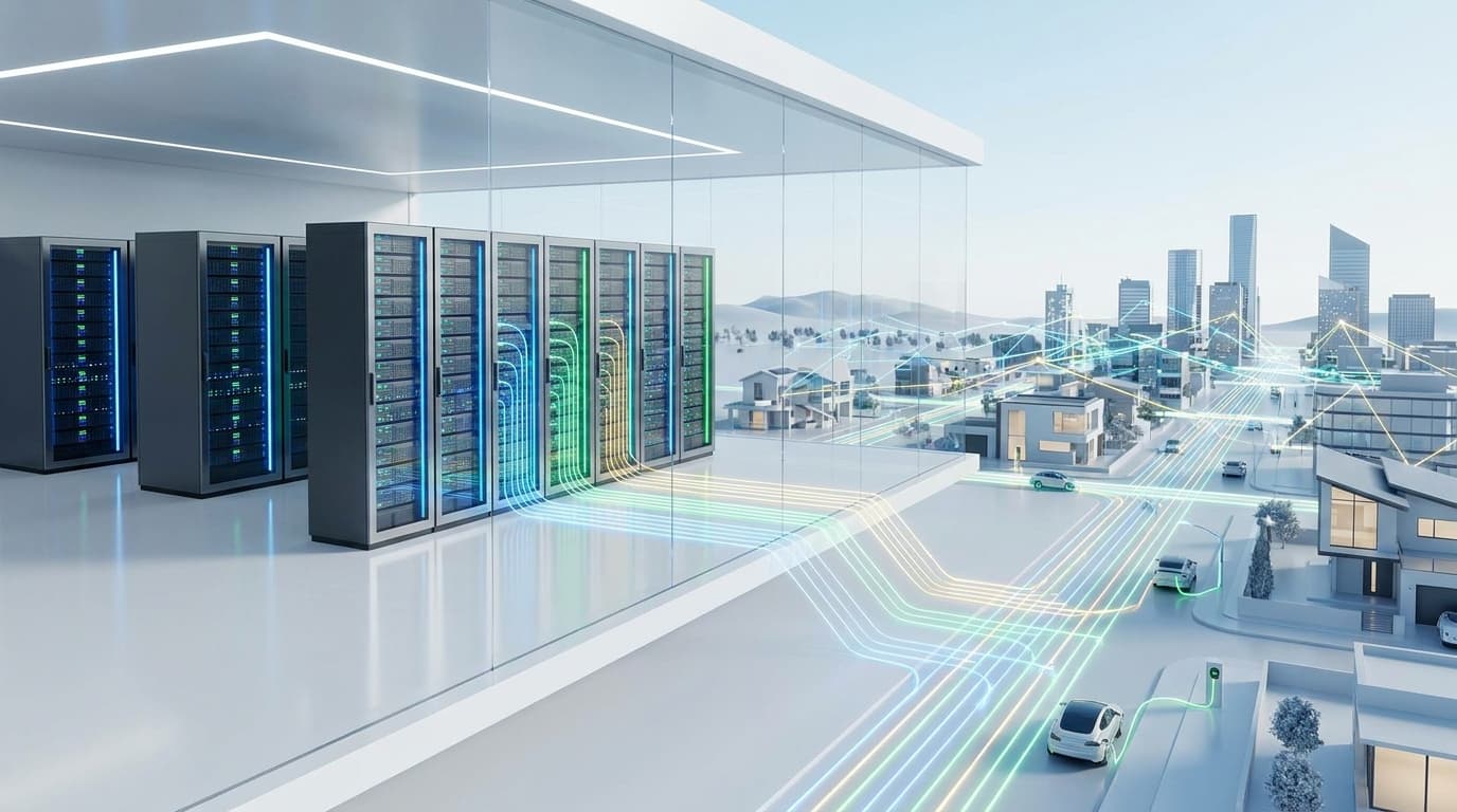 An illustration of a modern data center connected to a virtual power grid, symbolizing a new approach to sustainable energy for technology.