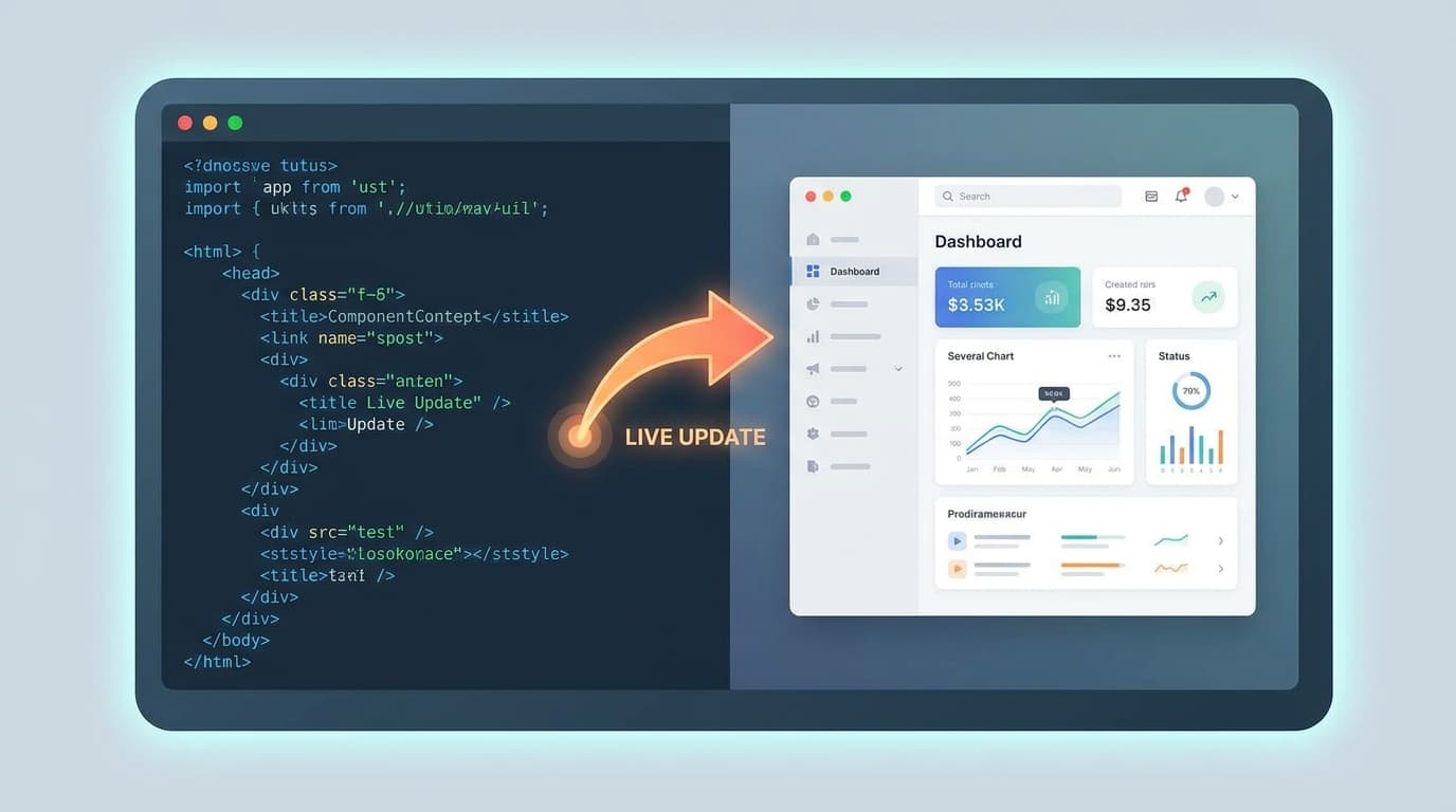 An illustration showing a live update from XAML code to a WPF application interface, representing Rider's new Hot Reload feature.
