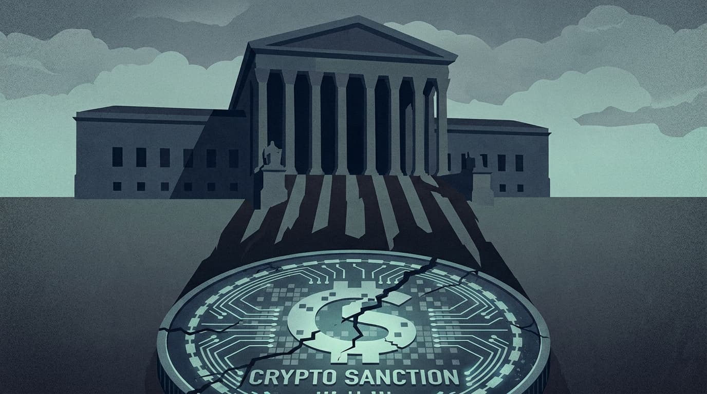 A digital illustration of a government building imposing a sanction on a cryptocurrency exchange, represented by a cracking digital coin.