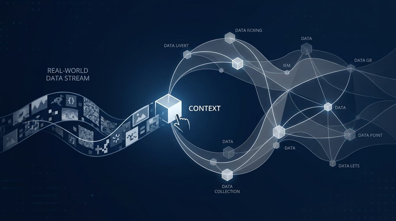 Abstract depiction of an AI model being fed real-world context to improve its reasoning capabilities.