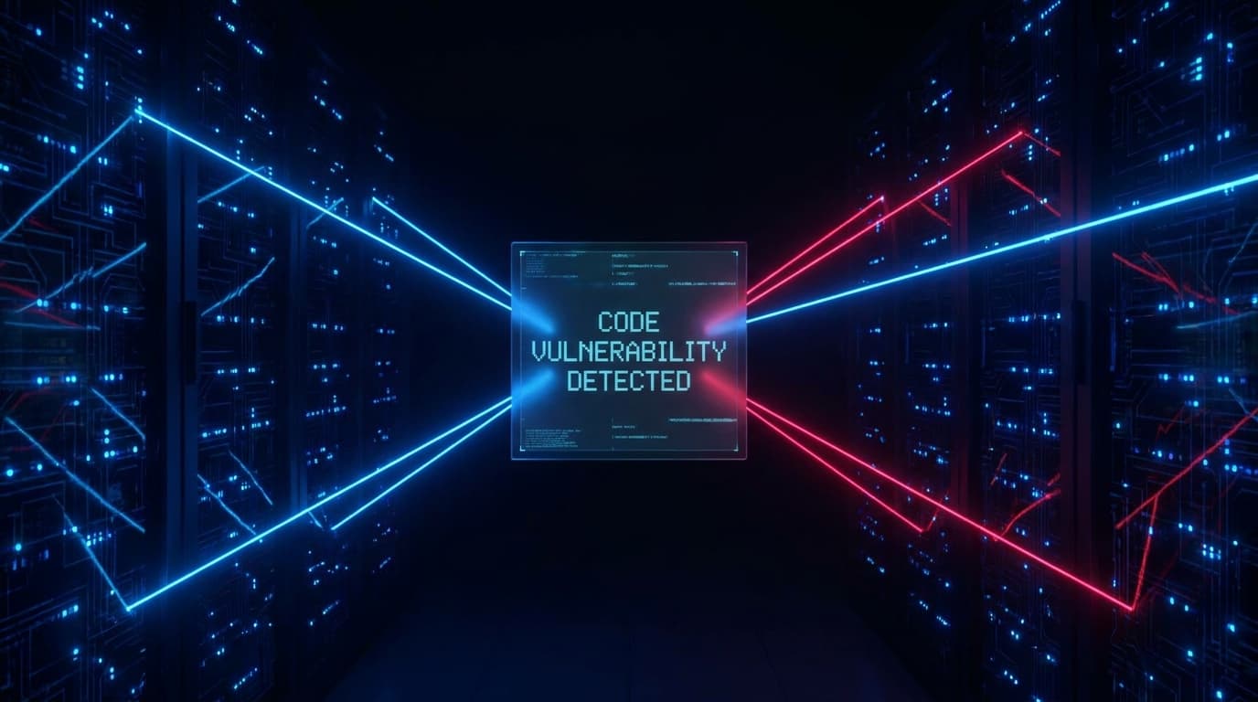Abstract visualization of an AI scanning code for a security vulnerability in Redis.