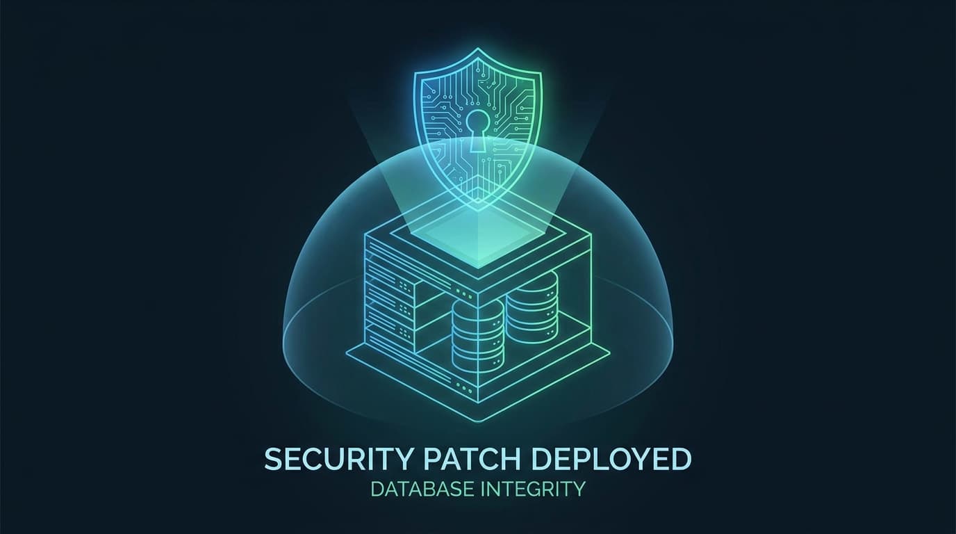 A glowing shield protecting a server database, symbolizing the new security patch for MySQL on Ubuntu.