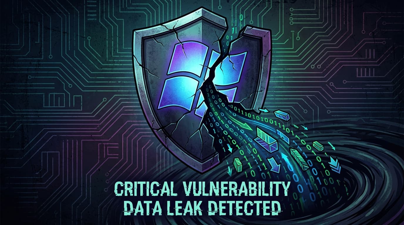 A conceptual image representing a Windows security vulnerability, showing a broken shield with data leaking out.