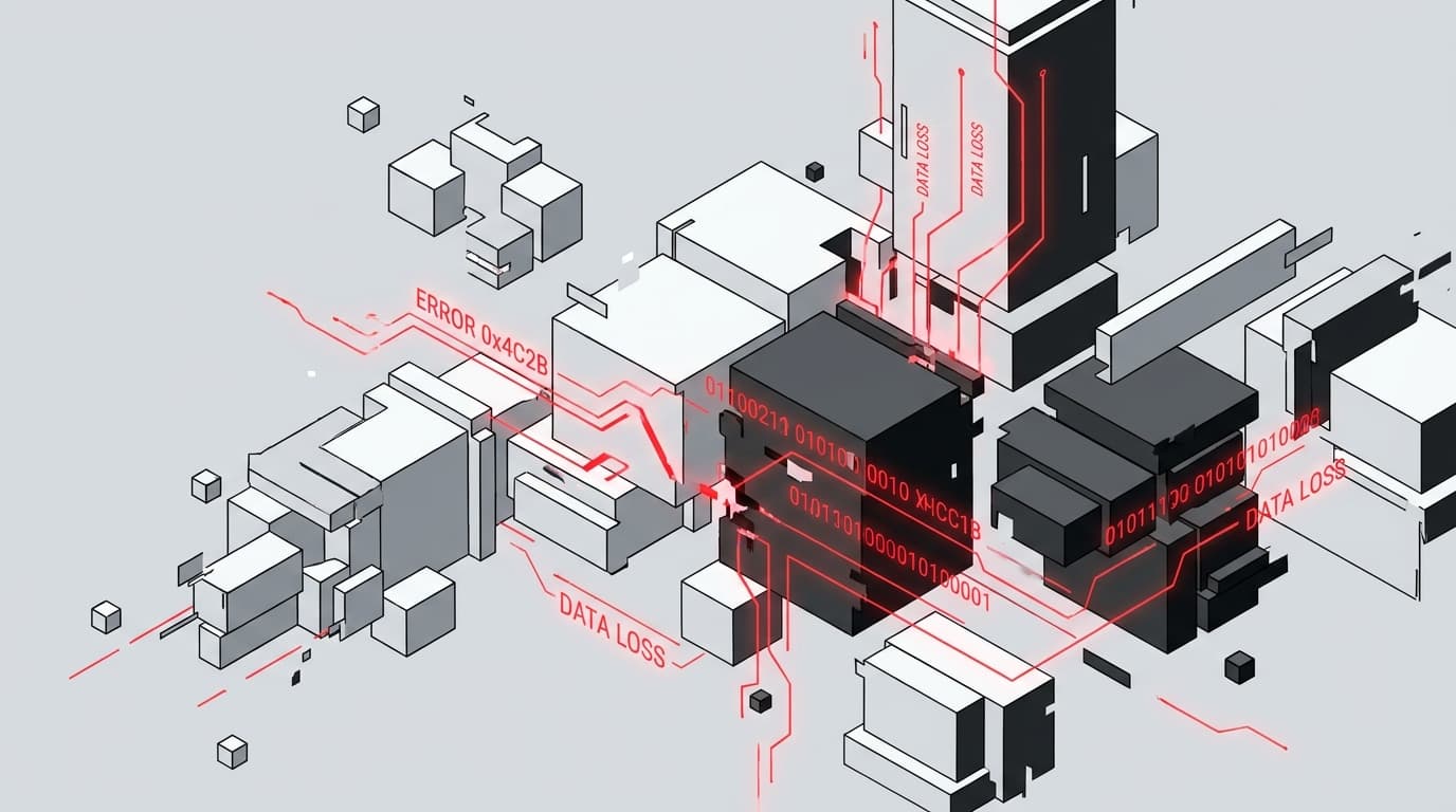 Abstract visualization of a file system bug, showing corrupted data blocks.