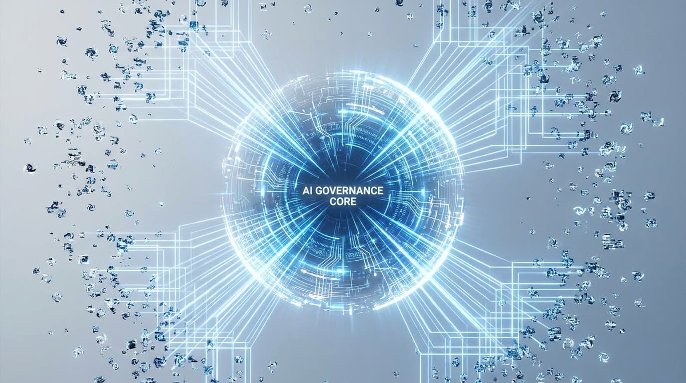 Abstract image representing AI governance, with a central control structure managing disparate, autonomous AI nodes in a corporate environment.