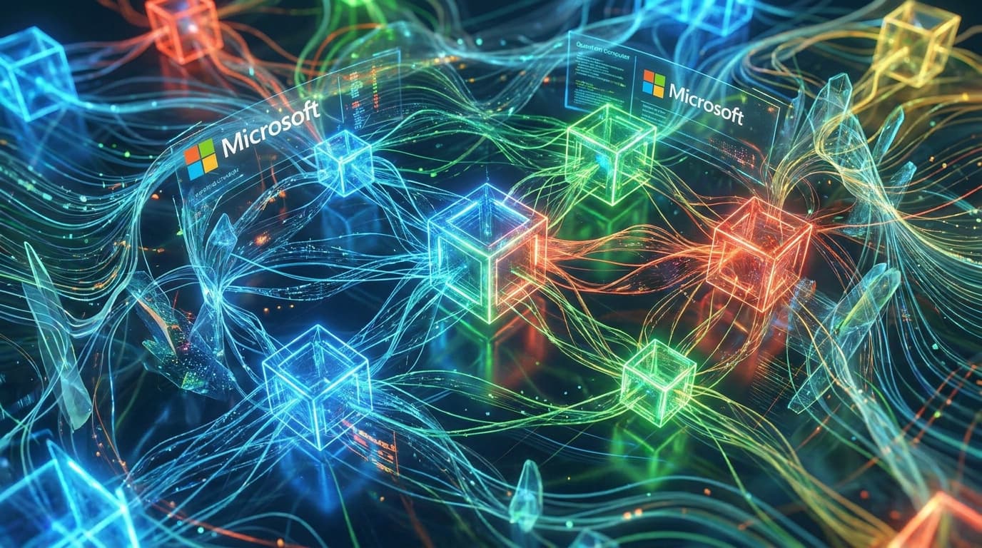 Conceptual art of a Microsoft quantum computer, showing interconnected qubits in a complex, glowing network.