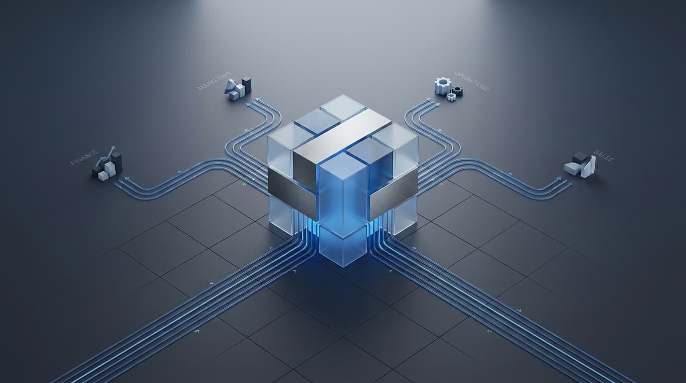 Abstract image showing a secure central data hub with governed channels providing insights, illustrating the concept of democratizing analytics.