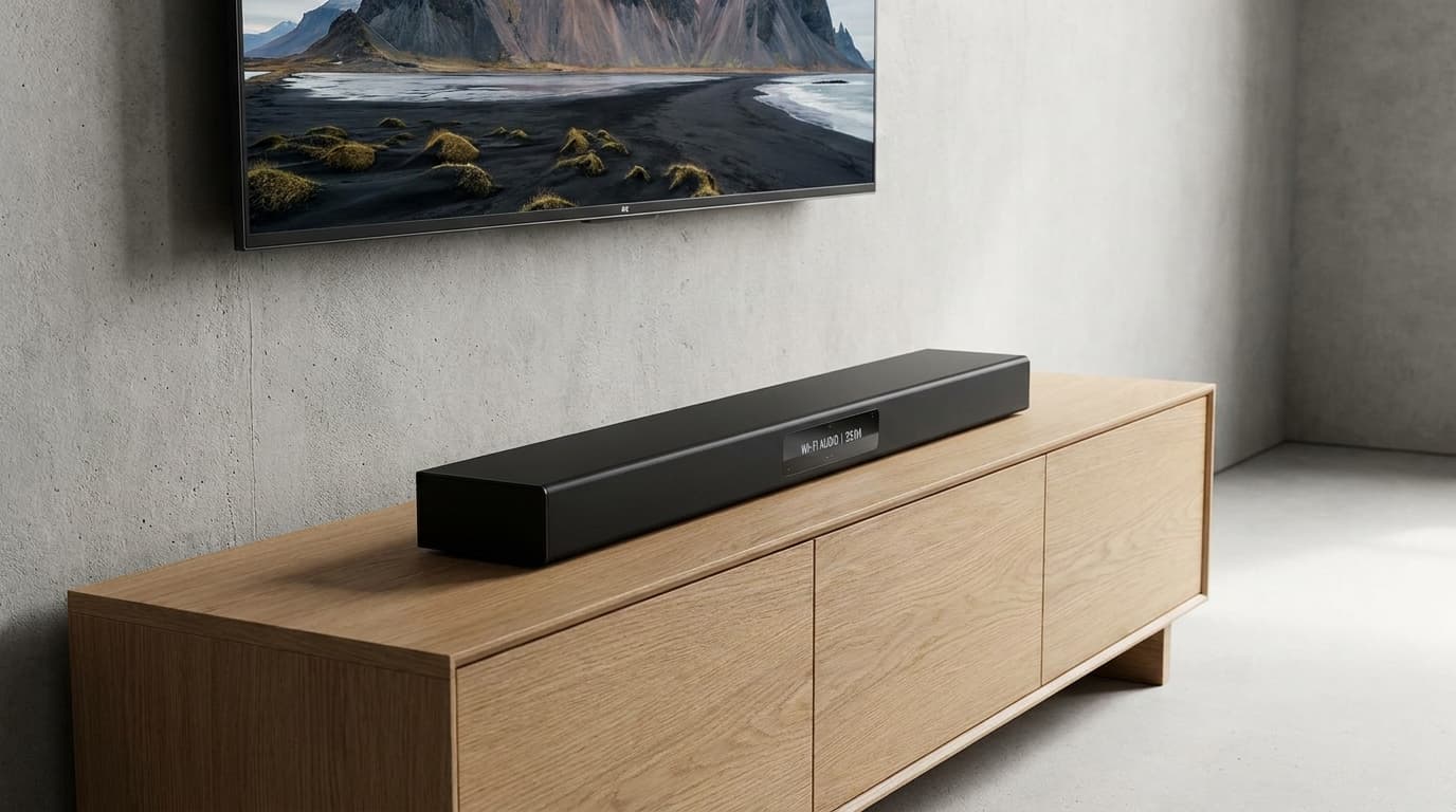 The new WiiM Bar, a black soundbar with a small touchscreen, shown in a modern living room setting.