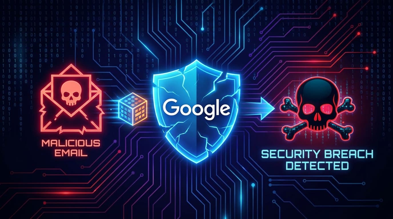 Illustration of a malicious email bypassing a security shield by routing through a trusted service, symbolizing a malware attack.