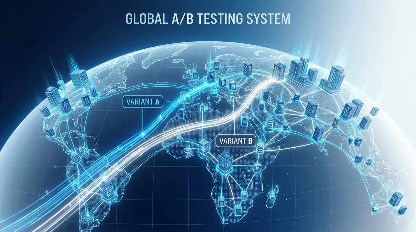 A diagram showing a coordinated A/B testing system across a global network of services.