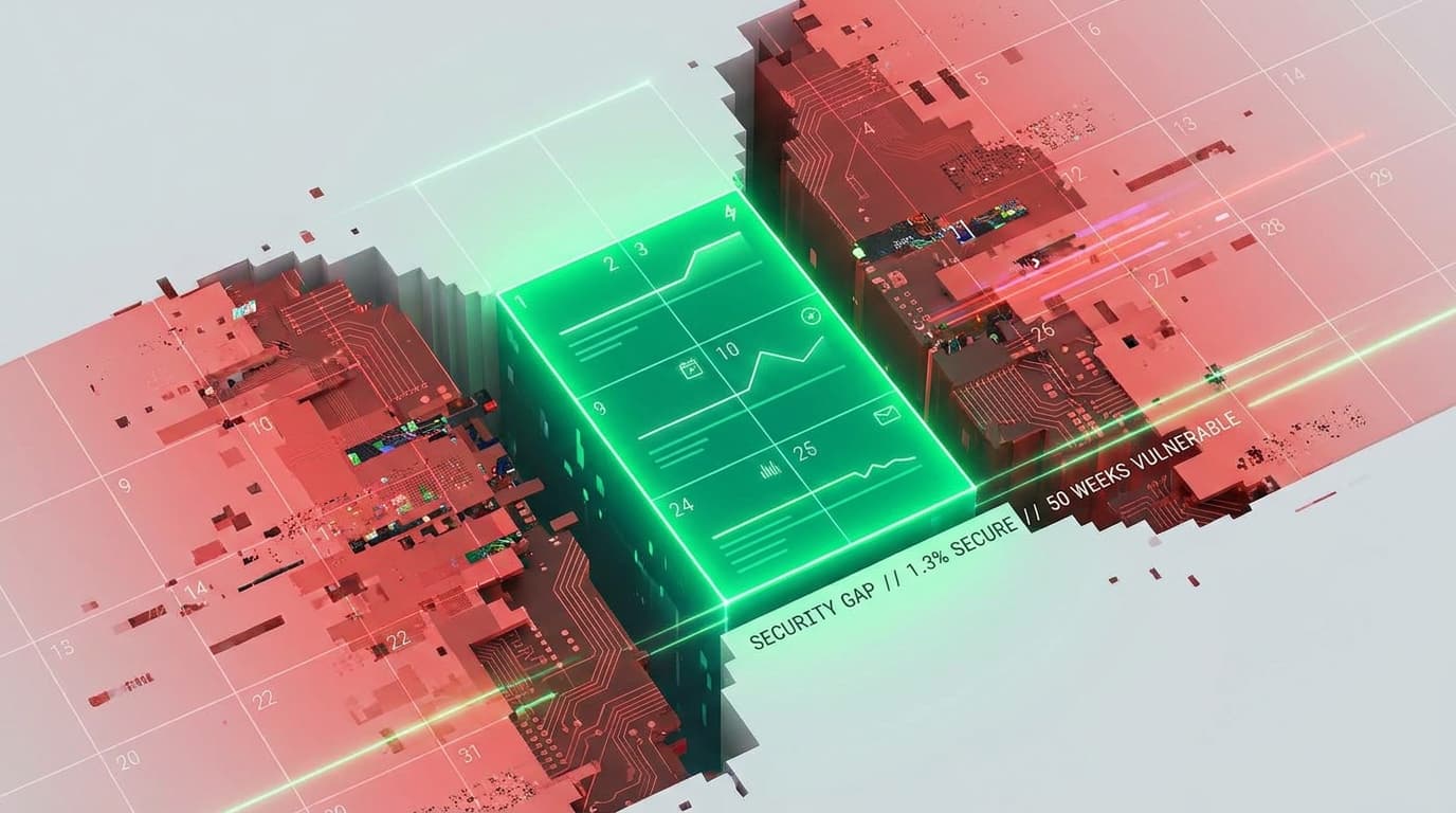 A conceptual image of a calendar showing a small period of security testing versus a long period of untested exposure.