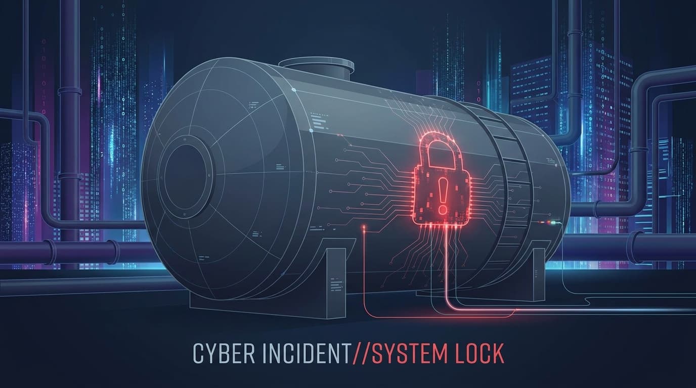 An illustration of an industrial fuel tank with a red cybersecurity alert symbol, representing a warning about attacks on critical infrastructure.