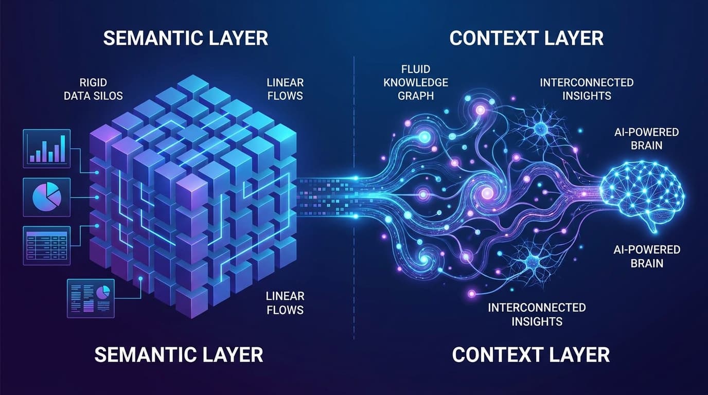 Conceptual image showing the evolution from a rigid semantic data layer to a more complex and interconnected context layer for AI.