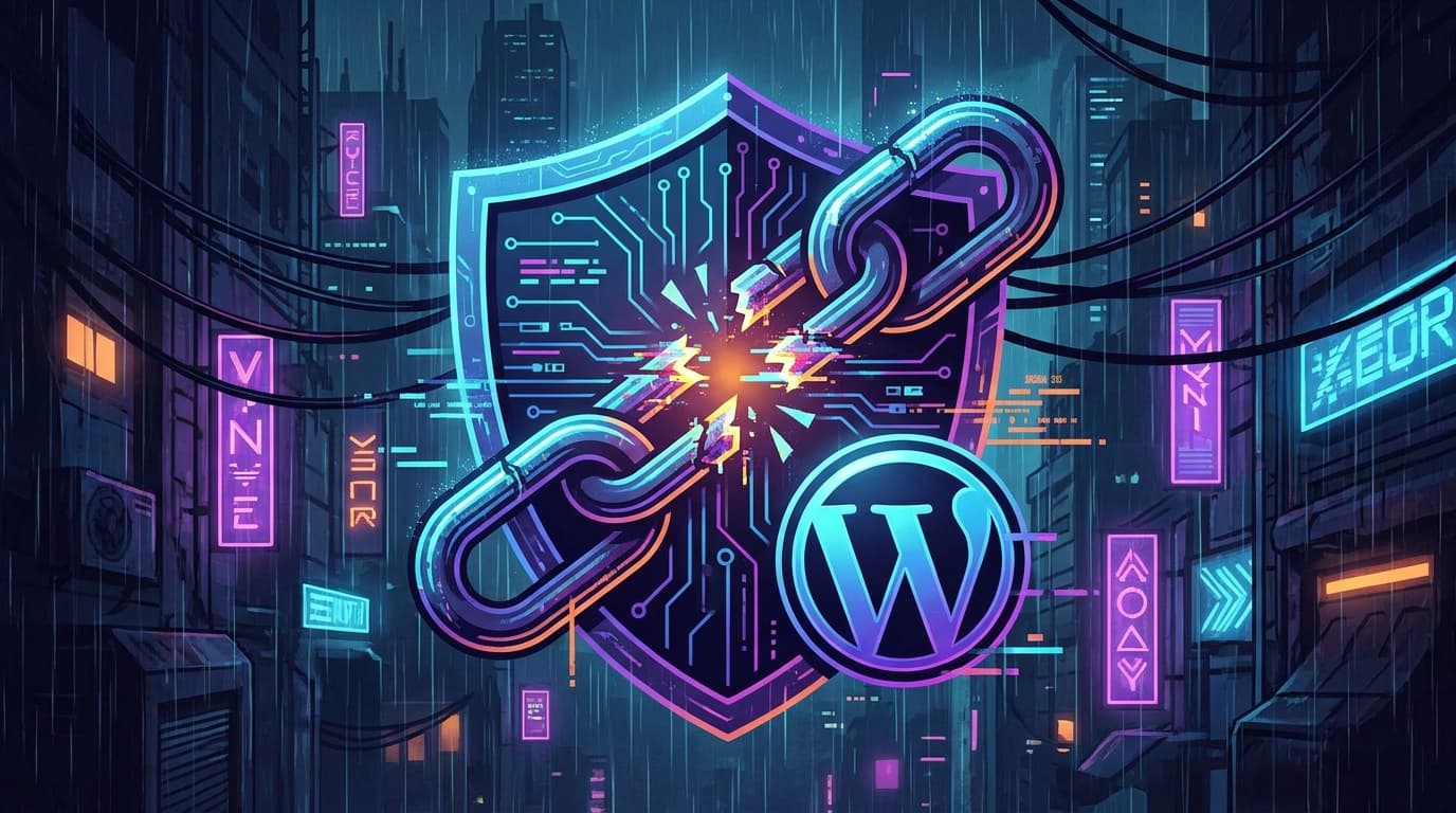 Illustration of a broken chain on a shield, representing the Kirki WordPress plugin security vulnerability.