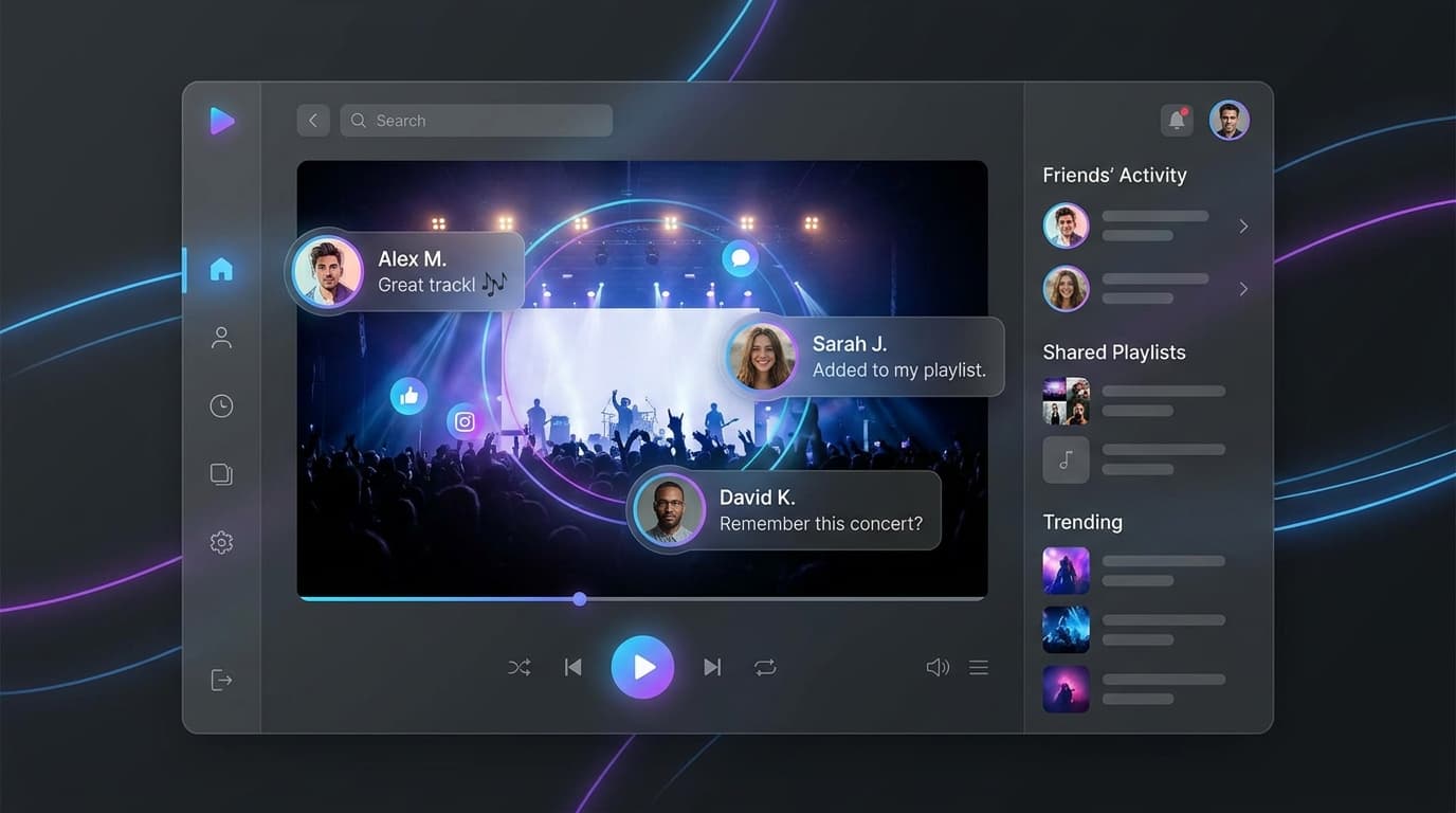 An abstract illustration of a media player interface merging with social media elements, symbolizing Plex's new social features.