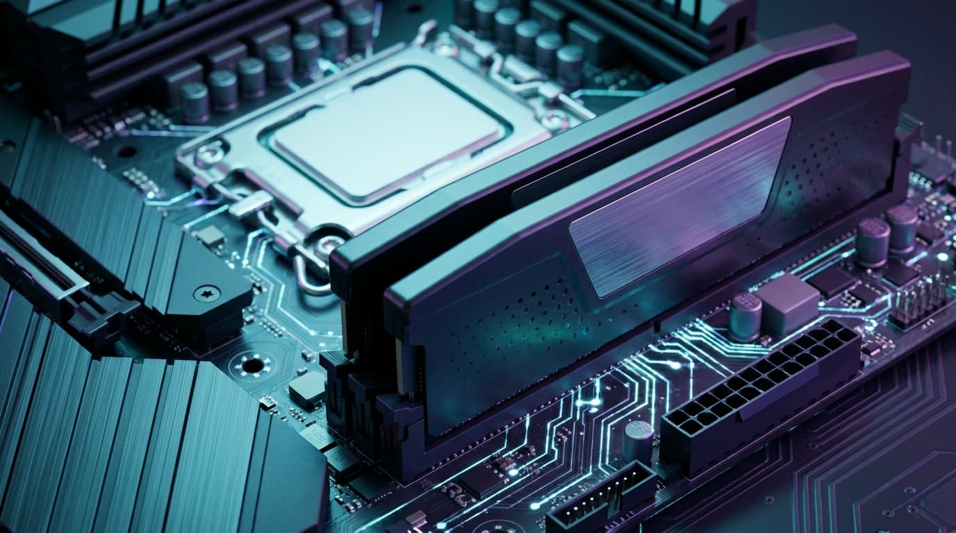A close-up of DDR5 RAM sticks installed in a computer, illustrating the rising cost of PC hardware components due to AI demand.
