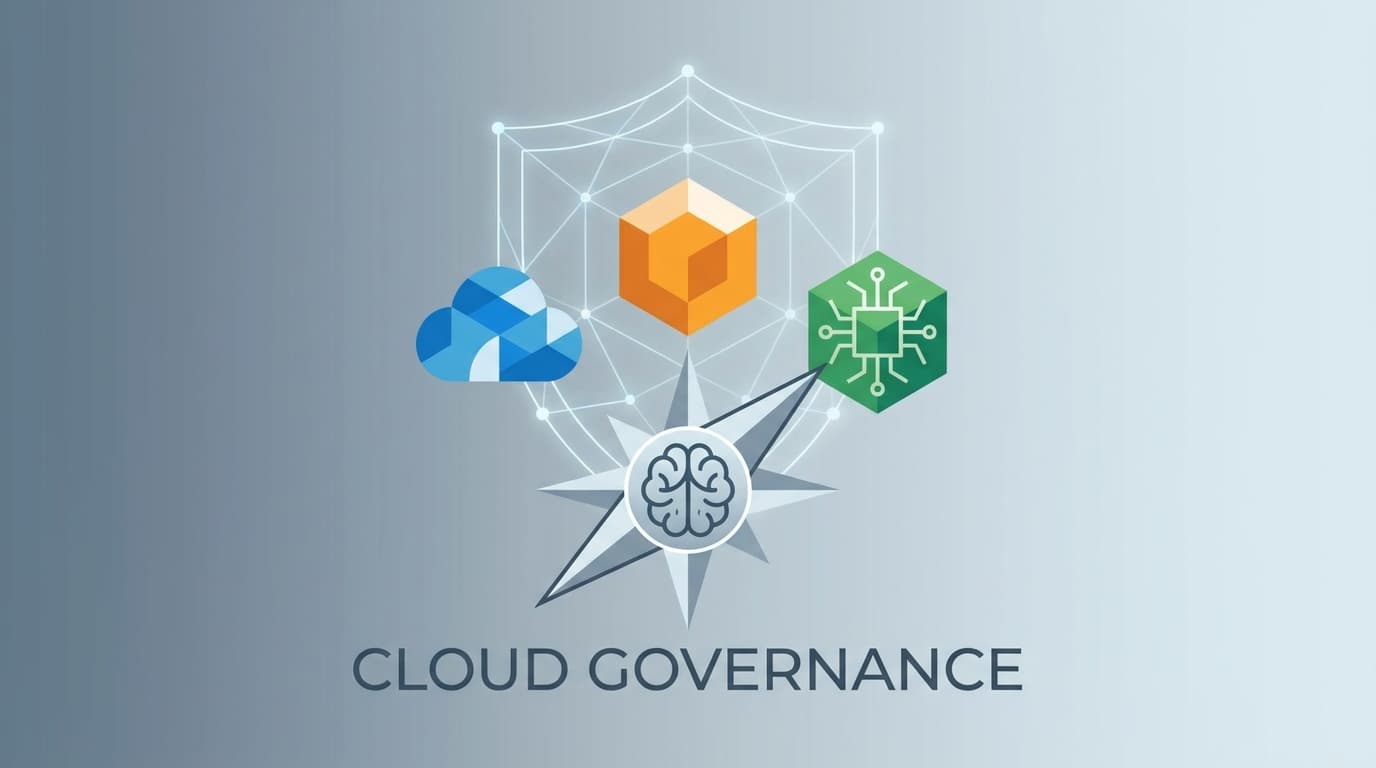 Abstract image symbolizing cloud governance, with three provider logos being organized by a strategic grid.