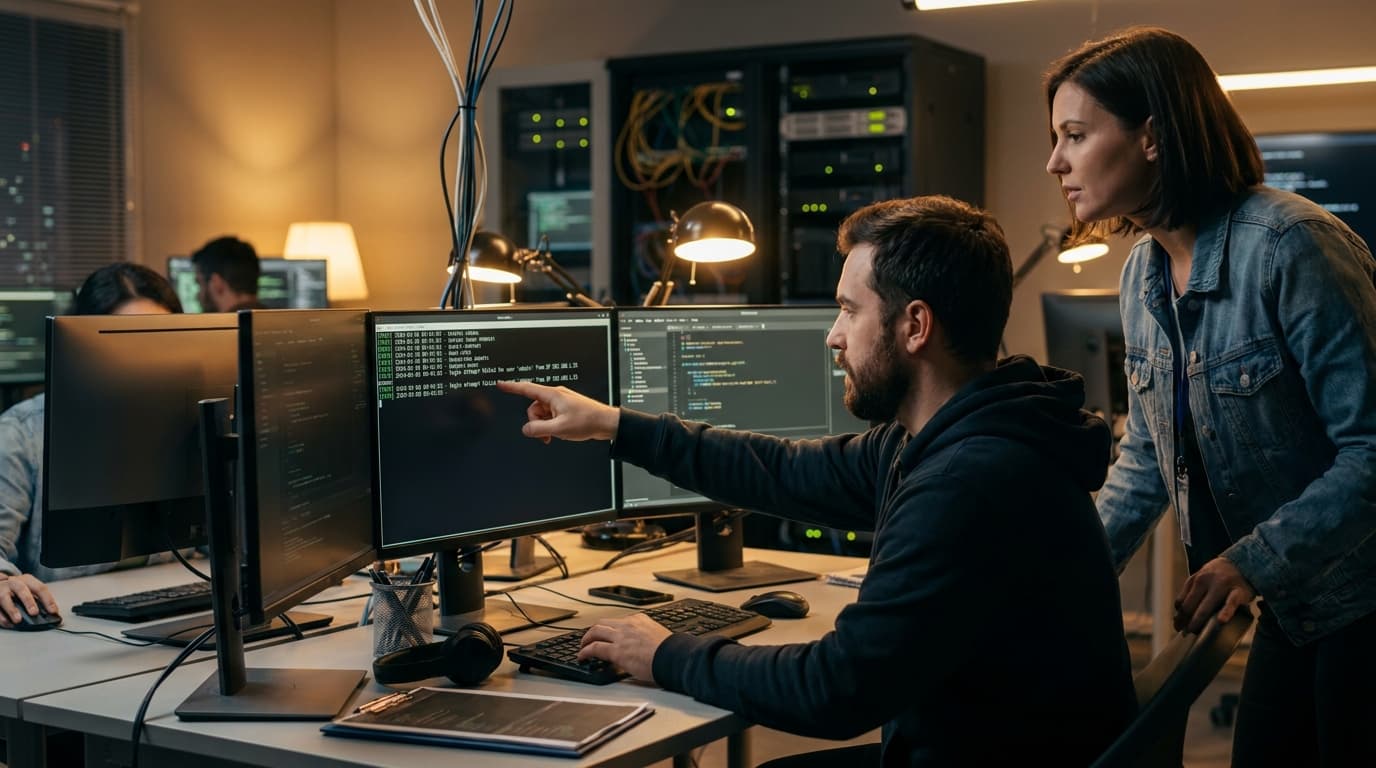 A security analyst and a colleague review security logs on a computer monitor in a modern office.