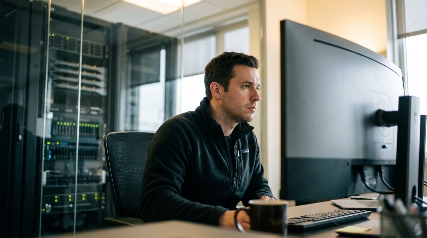 A cybersecurity analyst sits at a desk in an office, studying code on a computer screen with server racks behind them.