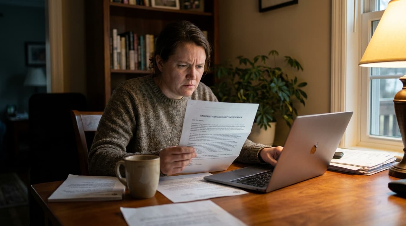 A person at a desk holds an official letter, looking at it with a concerned expression, with a laptop open beside them.