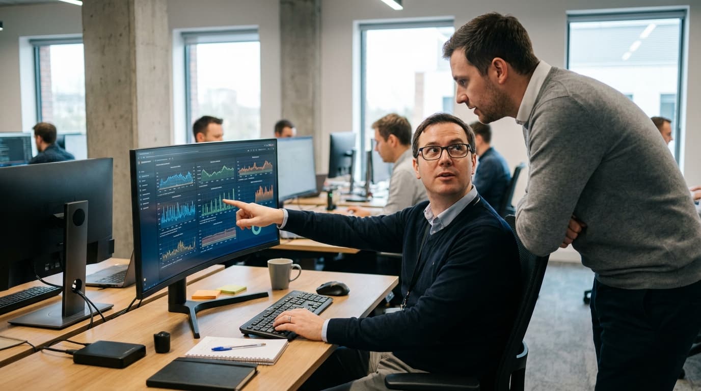 A database administrator and a colleague review performance metrics on a large computer screen in an office.