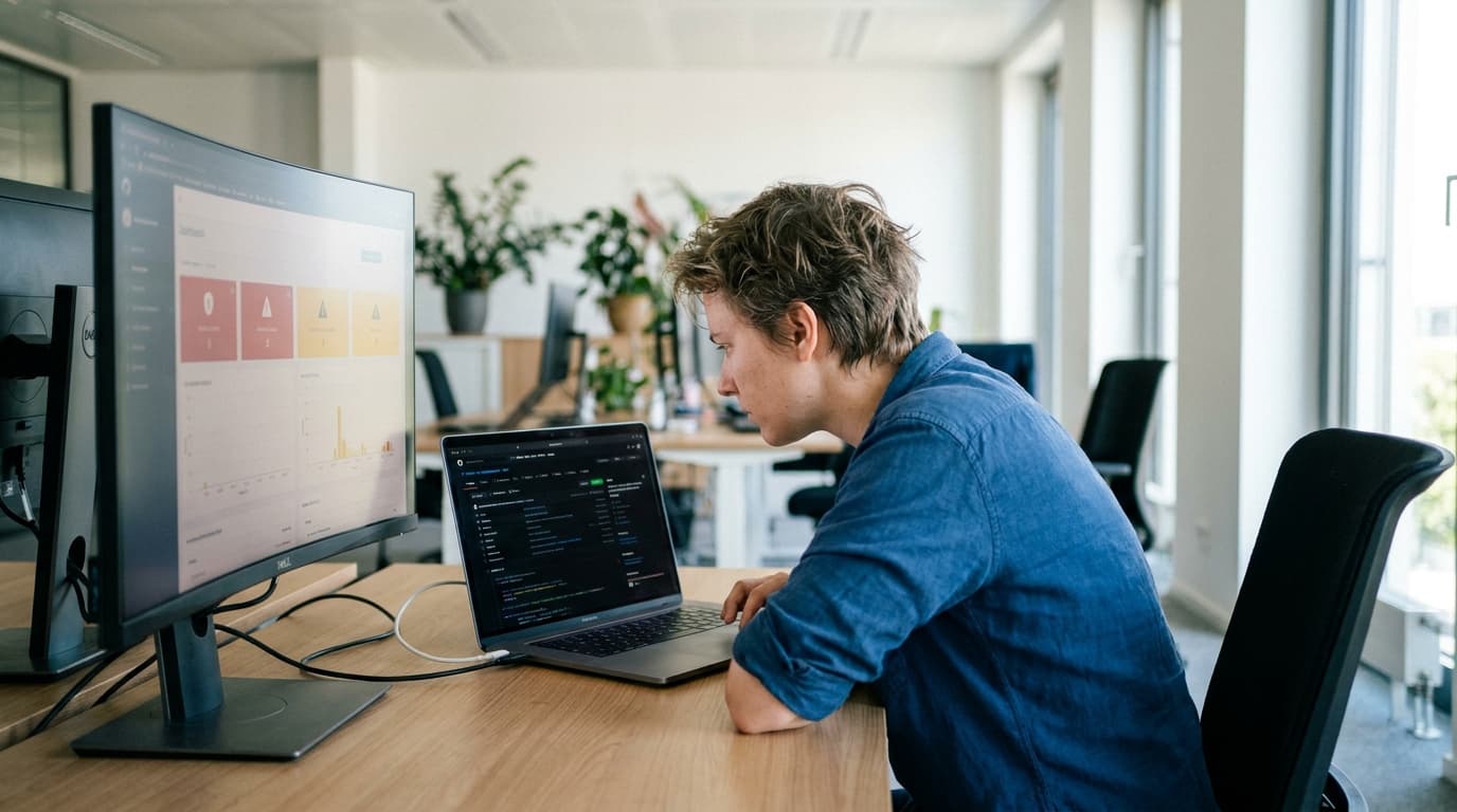 A security analyst in an office environment reviews code on a laptop displaying a GitHub repository, with a security dashboard visible on a nearby monitor.