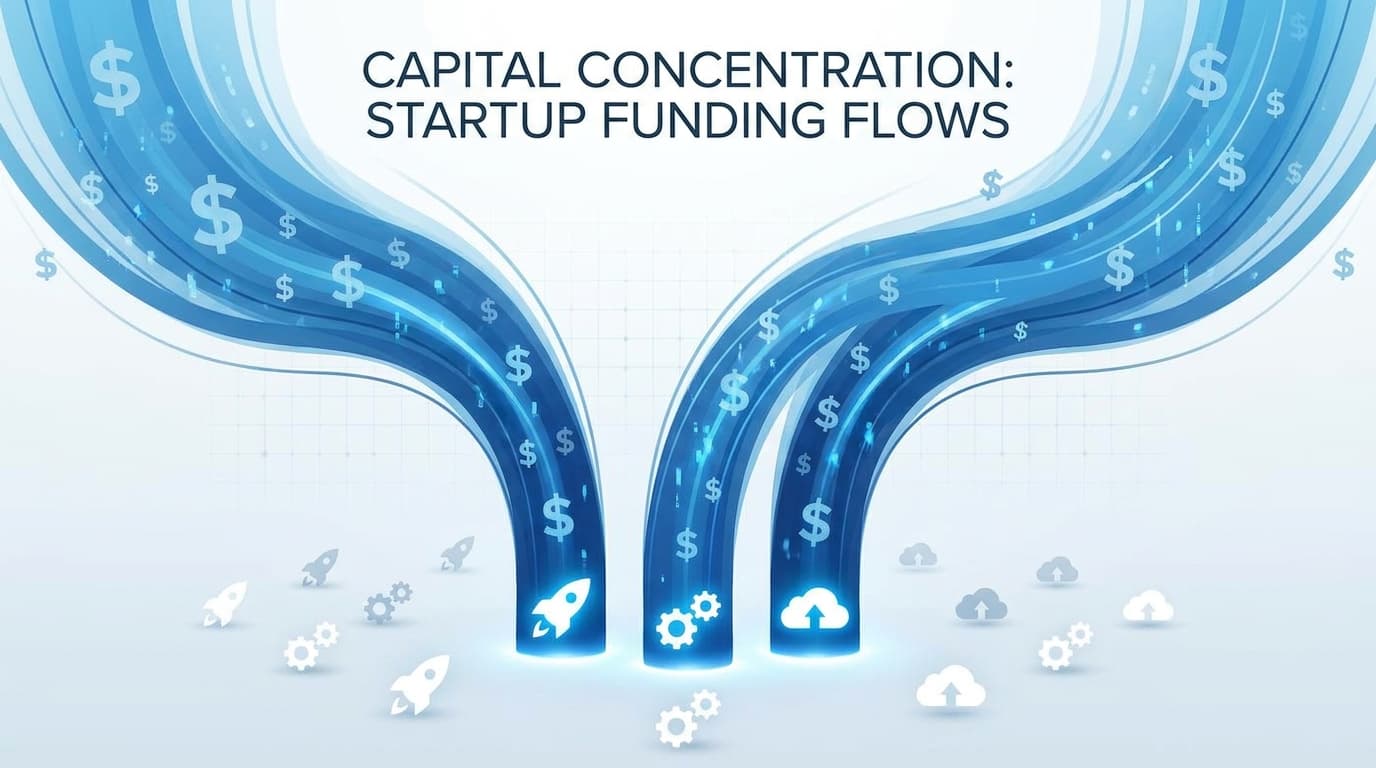 An abstract illustration showing large amounts of capital being funneled into a small number of startups, representing a trend in venture capital.