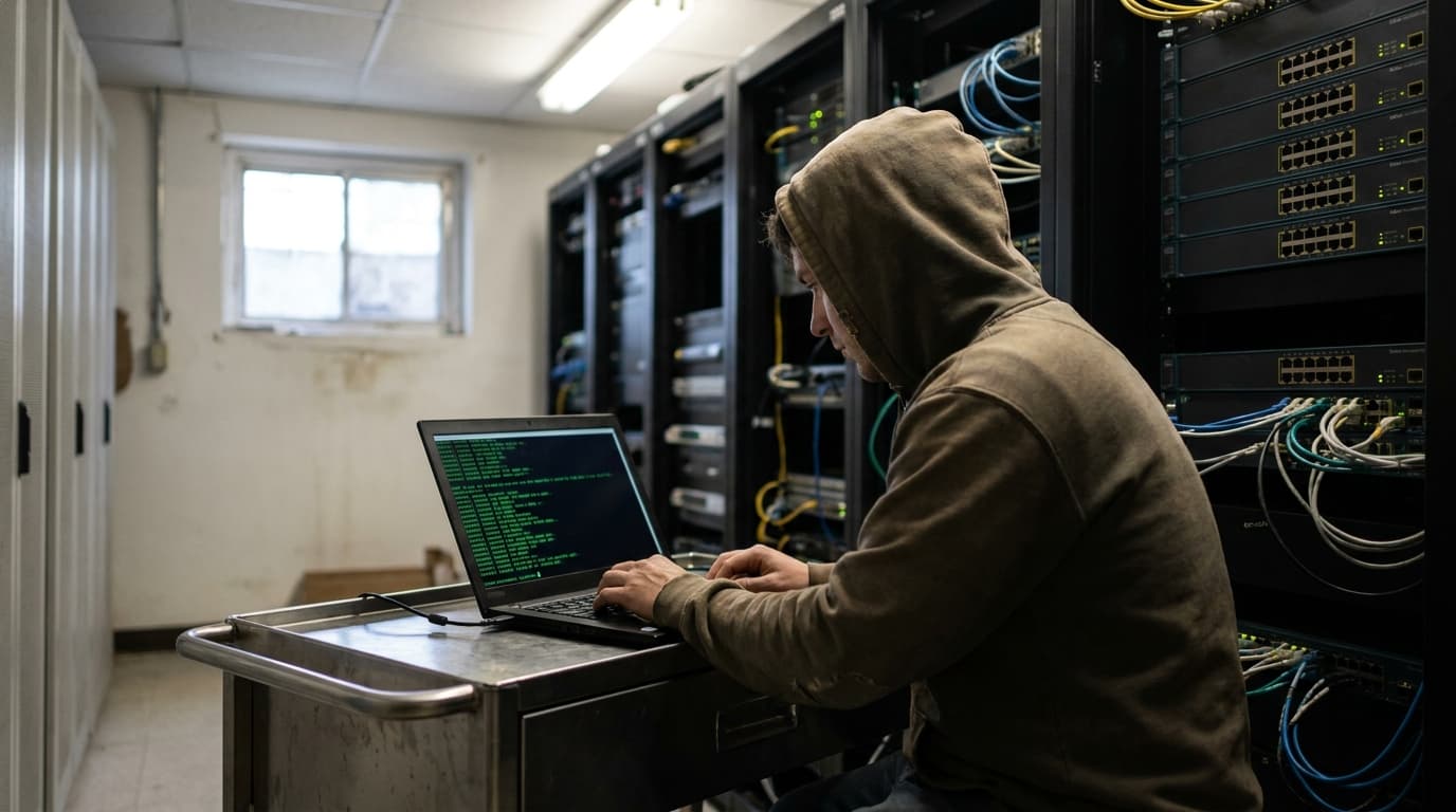 An IT administrator works on a laptop in a data center in front of a rack of Cisco servers.