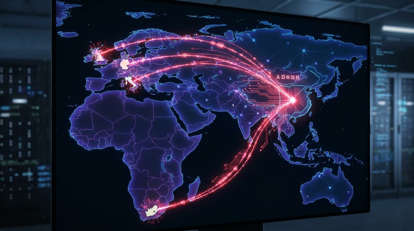 Abstract map showing cyberattack pathways from China to Europe and South Africa.