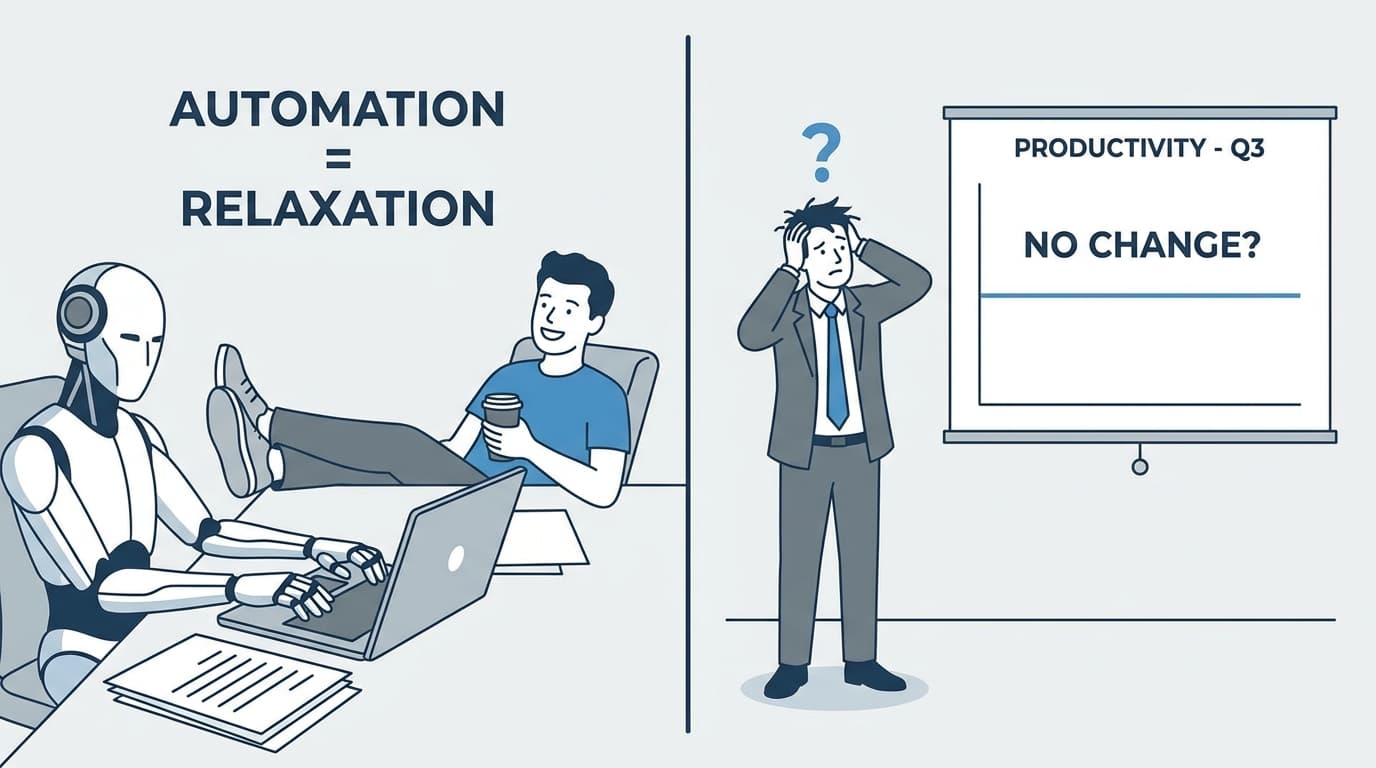 An illustration showing a worker relaxed as AI handles their tasks, while a manager looks puzzled at a stagnant productivity chart.