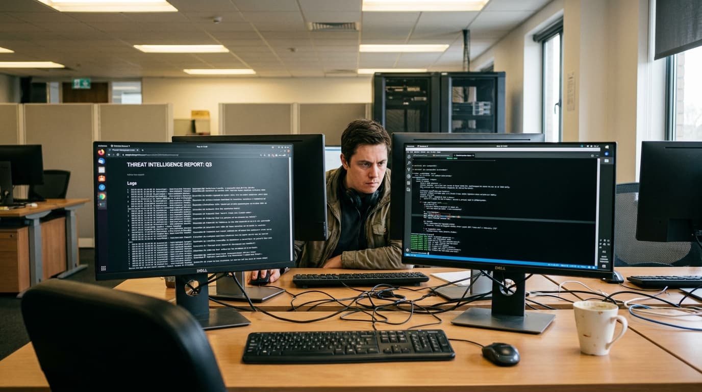 A security analyst works at a dual-monitor setup, examining a threat intelligence report and lines of code in an office.