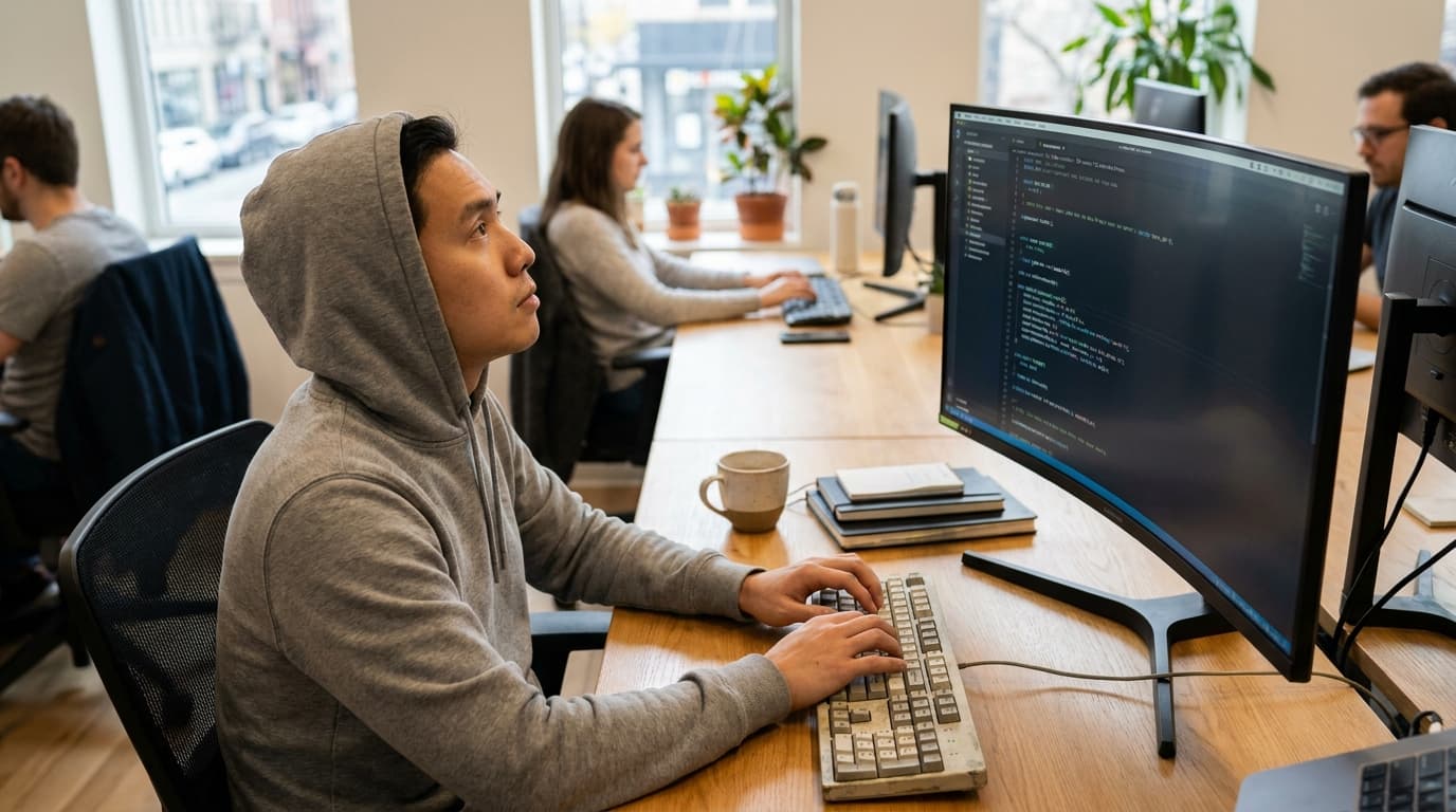 A developer in an office environment reviews code on a computer monitor while working on the Snowflake platform.