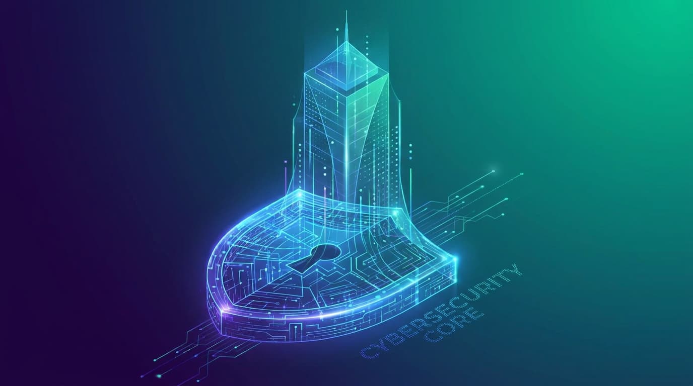 An abstract image representing cybersecurity as a foundational element of business resilience, shown as a shield integrated into a building's structure.