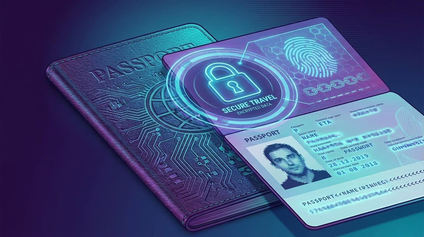 A passport with a digital lock icon, symbolizing the importance of cybersecurity while traveling.